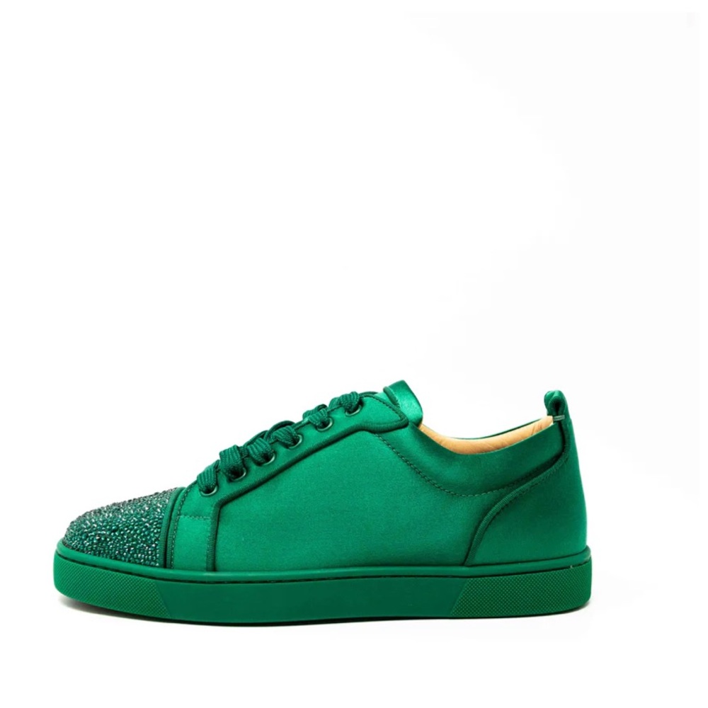 CHRISTIAN LOUBOUTIN GREEN SATIN JUNIOR STRASS SNEAKERS 42